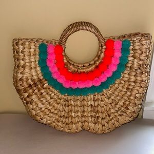 Pink Haley PomPom Straw Beach Bag